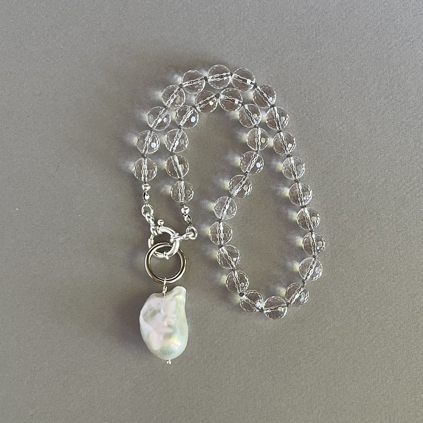 Faceted Clear Quartz Necklace with Baroque Pearl Drop