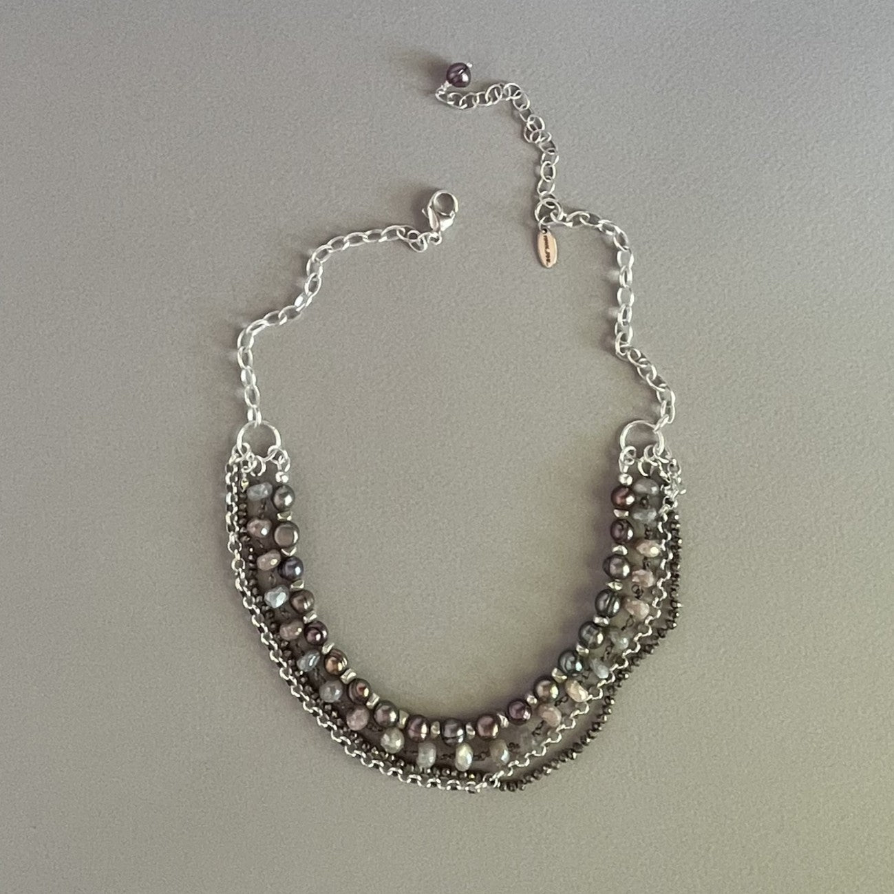 Layered Necklace with Moonstone, Tahitian Pearl, Pyrite
