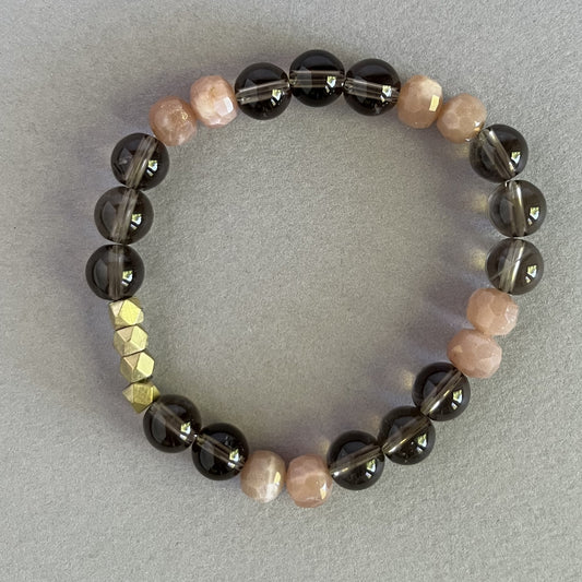 Smokey Quartz & Peach Moonstone Bracelet with Brass Accents