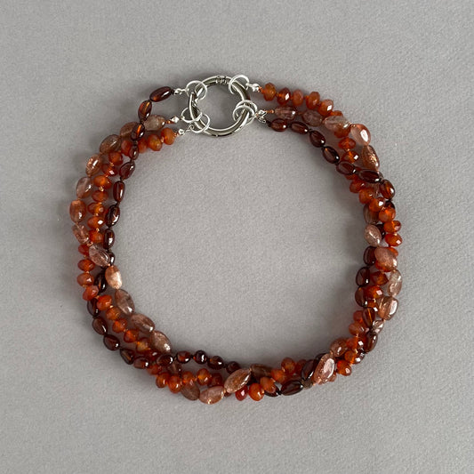 Hand-Knotted Multi-Strand Necklace:  Sunstone, Hessonite & Carnelian