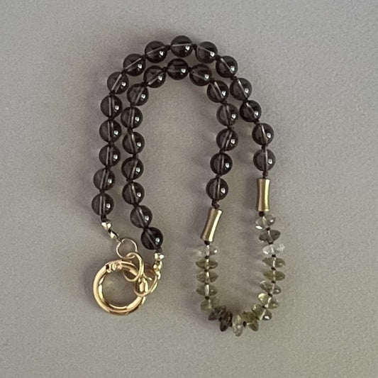 Smokey Quartz and Lemon Quartz Necklace with Brass Accents