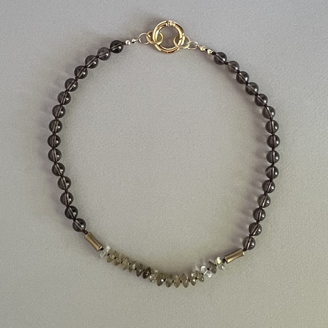 Smokey Quartz and Lemon Quartz Necklace with Brass Accents