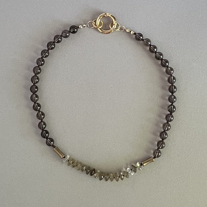 Smokey Quartz and Lemon Quartz Necklace with Brass Accents