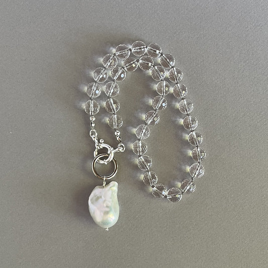 Faceted Clear Quartz Necklace with Baroque Pearl Drop