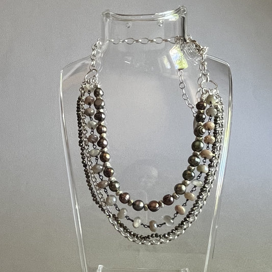 Layered Necklace with Moonstone, Tahitian Pearl, Pyrite